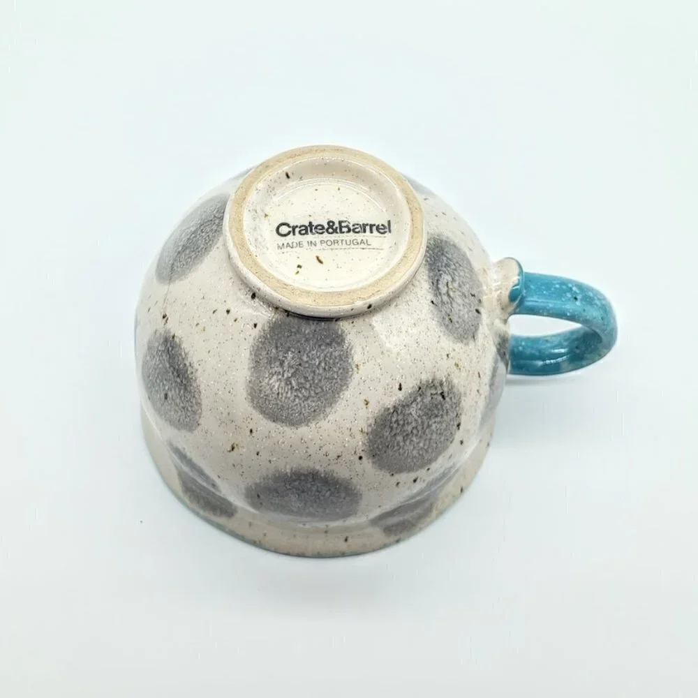 Crate & Barrel Blue Trim Grey Dot Ceramic Mug